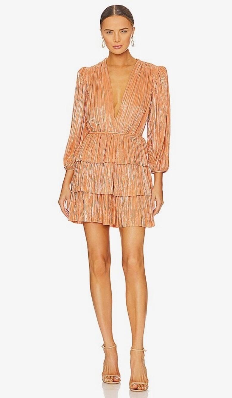 Sabina Musayev Mina Tiered Dress in an orange/peach metallic pleated finish